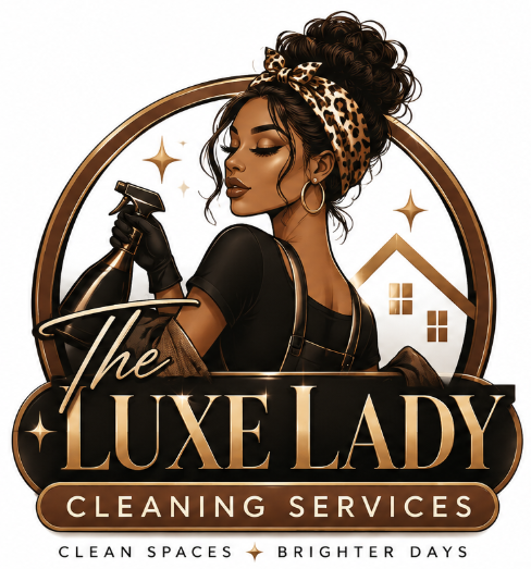 The Luxe Lady Cleaning Services — Clean spaces, brighter days. Illustrated woman holding cleaning supplies in a gold circular emblem.